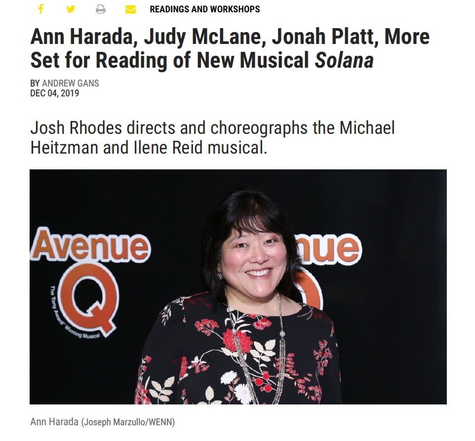 Screenshot of Playbill article titled: Ann Harada, Judy McLane, Jonah Platt, More Set for Reading of New Musical Solana. Josh Rhodes directs and choreographs the Michael Heitzman and Ilene Reid musical. Beneath the subtitle, is a photo of Ann Harada from the Avenue Q premiere.
