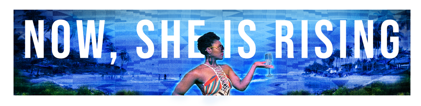 Cover art for Now, She is Rising. There's an image of a black woman holding a cocktail glass against a blue background of an island's shoreline.